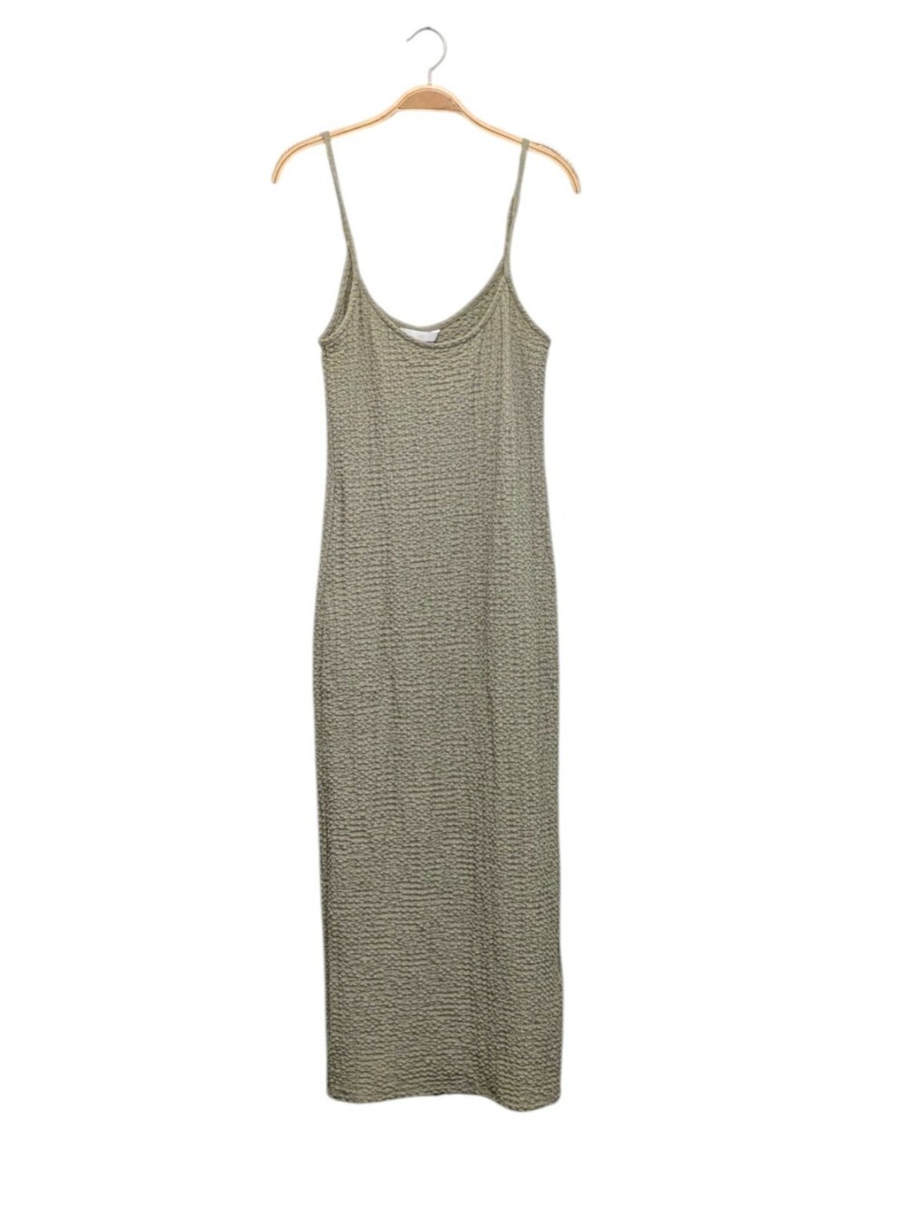 H&M Olive Green Textured Crinkle Midi Dress Smocked Popcorn Knit Medium